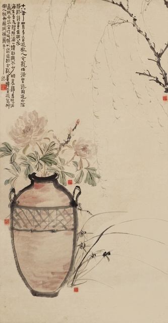 2.何香凝、陈树人、经亨颐、方介堪 牡丹兰柳 130.5×68.7 cm 纸本设色 1929年 天津博物馆藏